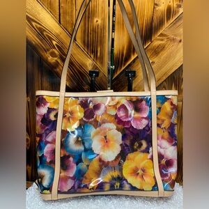 Maxx New York Multicolor Floral Pansy Tote with Tan Trim